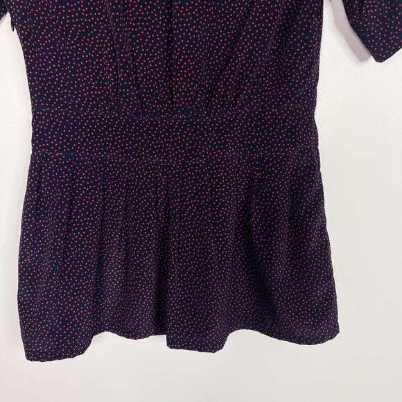 Anthropologie Fine Garments By Bell Size 2 Navy Blue Red Polka Dot Blouse VNeck - Picture 5 of 9